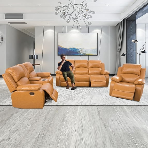 3 Piece Manual Recliner Sofa Couch, Home Theater Seating with Cup Holders, Living Room Furniture Sofa Set for Home Office