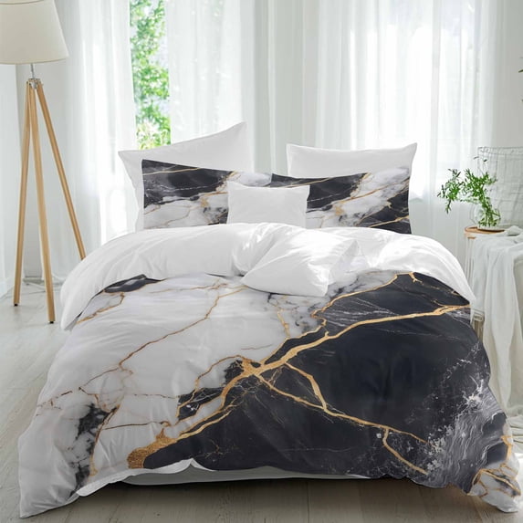 3 Piece Marble Black Duvet Cover Set Queen Size, Microfiber Comforter/Quilt Cover with Corner Ties and 2 Pillowcases, Abstract Gold White Brick Stone Motif All Season Soft Bedding with Zipper Closure