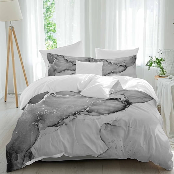 3 Piece Marble Grey Duvet Cover Set Full Size, Microfiber Comforter/Quilt Cover with Corner Ties and 2 Pillowcases, Modern Abstract Ink Painting Luxury All Season Soft Bedding with Zipper Closure