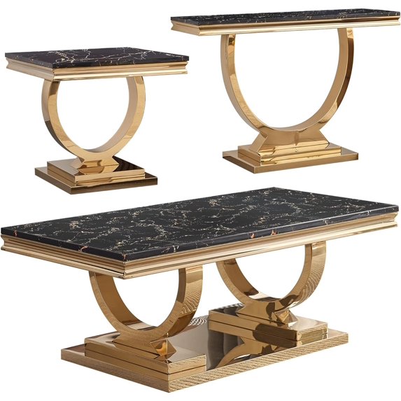 3-Piece Marble Living Room Table Set, Coffee Table, End Table, and Console Table, Modern Black Faux Marble Top and Gold Stainless Steel O-Base, for Living Room, Hallway