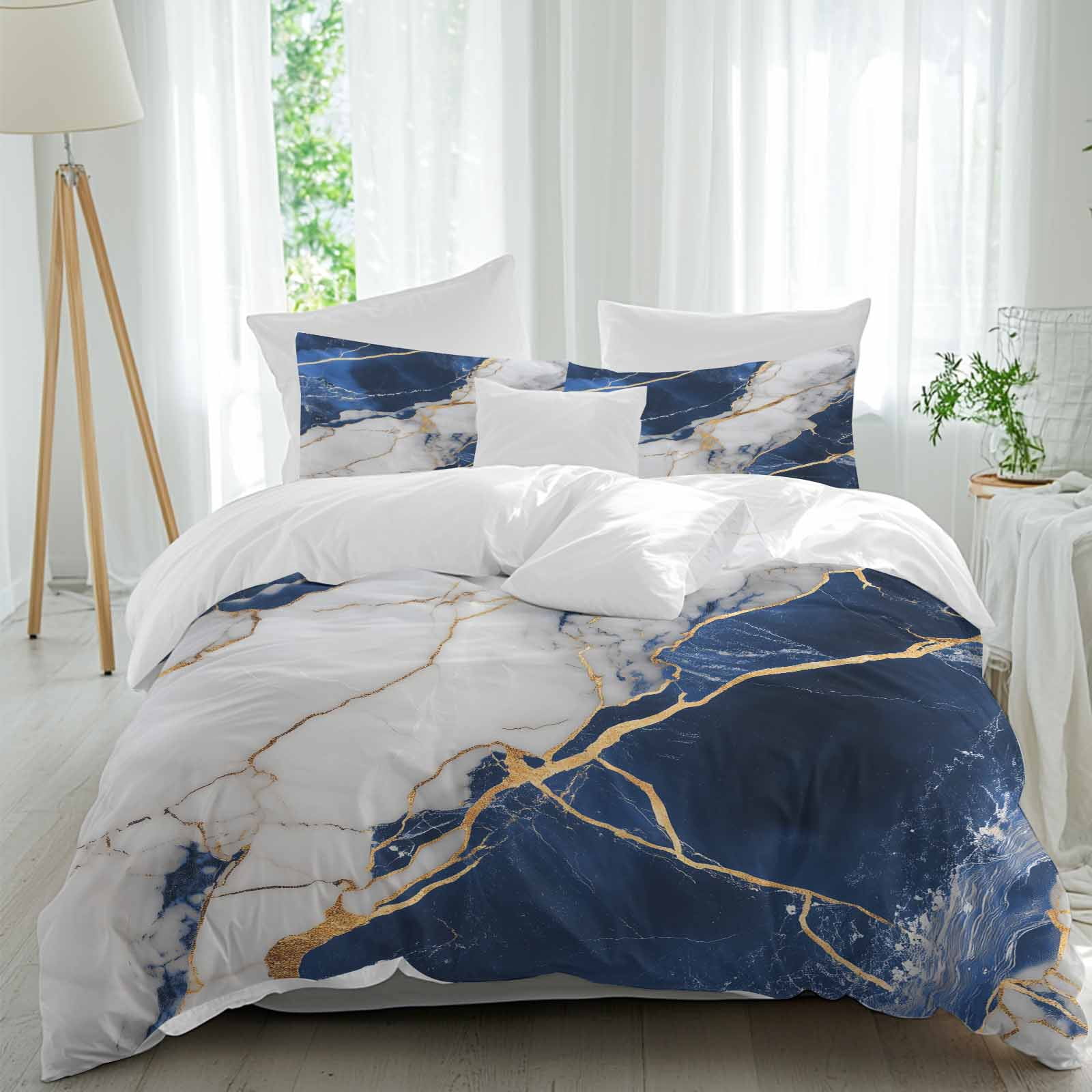 3 Piece Marble Navy Blue Duvet Cover Set Twin Size,Microfiber Comforter ...