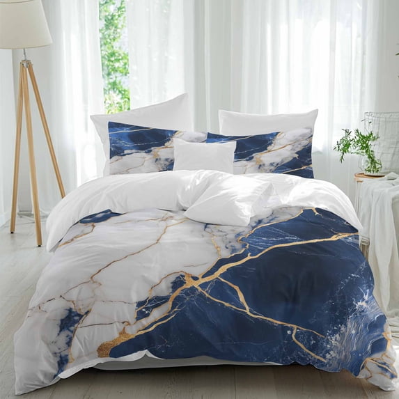 3 Piece Marble Navy Blue Duvet Cover Set Twin Size,Microfiber Comforter/Quilt Cover with Corner Ties and 2 Pillowcases,Abstract Gold White Brick Stone Motif All Season Bedding with Zipper Closure