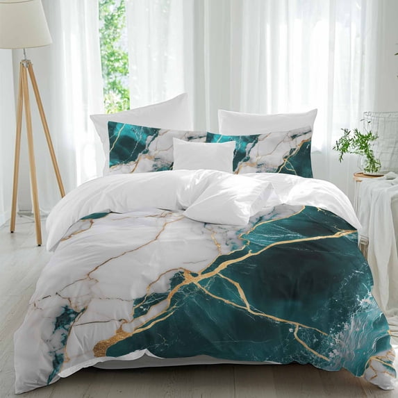 3 Piece Marble Turquoise Duvet Cover Set Twin Size,Microfiber Comforter/Quilt Cover with Corner Ties and 2 Pillowcases,Abstract Gold White Brick Stone Motif All Season Bedding with Zipper Closure