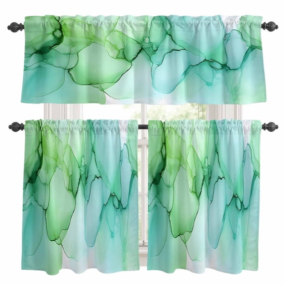 3 Piece Marble Turquoise Kitchen Curtain Valance and Tiers Set Green Gradient Modern Cracked Art Rod Pocket Tier Curtain 24 Inch Small Window Drapes for Living Room Bedroom Cafe Home Decor