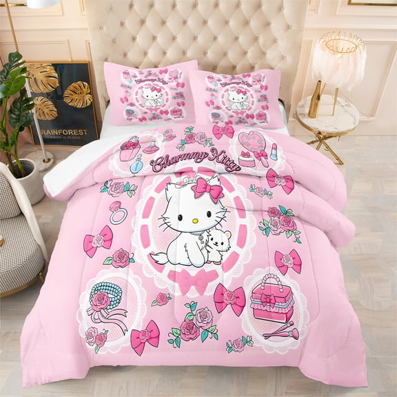 3-Piece Marie Kitten Comforter Set Full Size, Pink Cats Comforter Bedding Sets for All Season, Bed in a Bag with Pillowcases