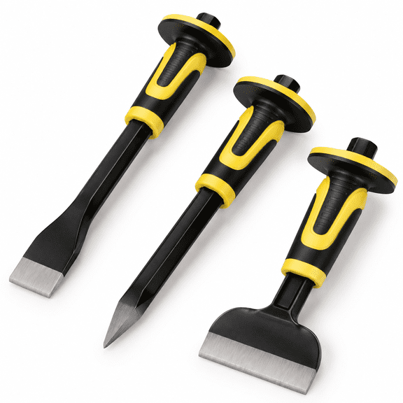 3-Piece Masonry Chisel Set with Hand Guards for Stone, Concrete and Brick