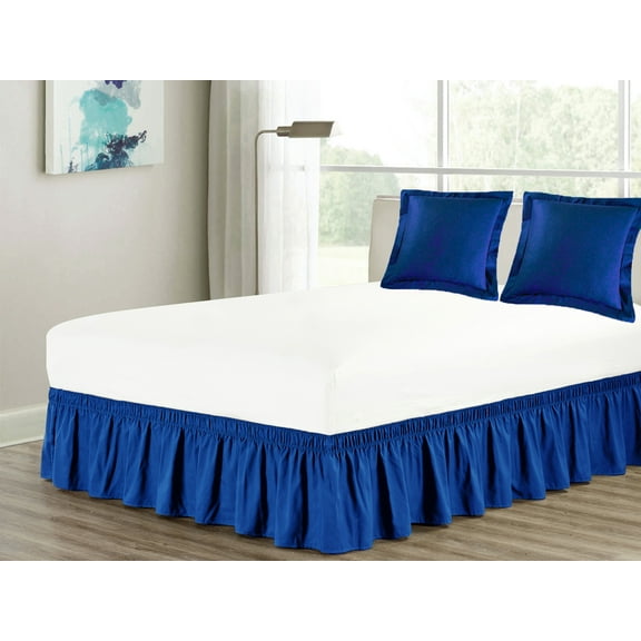 3-Piece Matching Ruffled Bed Skirt Euro Pillow Sham Pair Set King Elastic Wraparound Blue