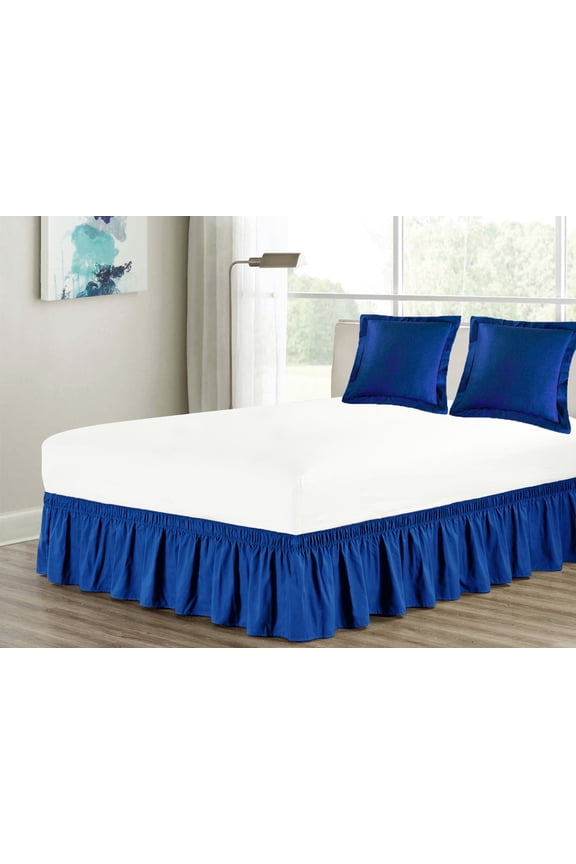3-Piece Matching Ruffled Bed Skirt Euro Pillow Sham Pair Set Queen Elastic Wraparound Blue