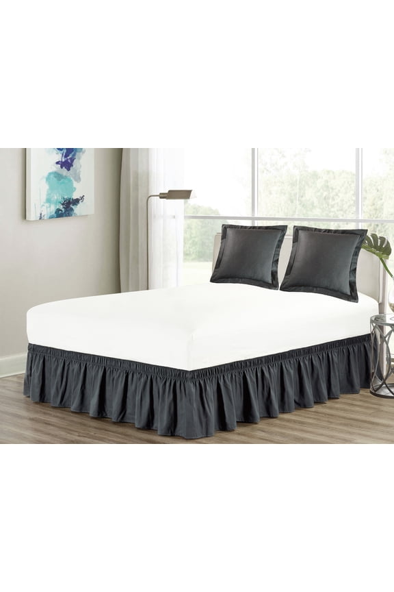 3-Piece Matching Ruffled Bed Skirt Euro Pillow Sham Pair Set Queen Elastic Wraparound Gray Grey