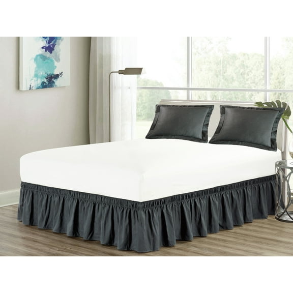 3-Piece Matching Ruffled Bed Skirt Standard Pillow Sham Pair Set Queen Elastic Wraparound Gray Grey