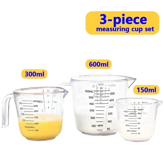 3-Piece Measuring Cup Set with Precise ml/oz Markings, Non-Slip Handle, Stackable for Storage, Dishwasher Safe, Clear