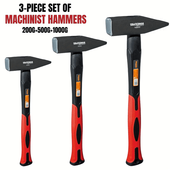 3-Piece Mechanic's Hammer Set, 200g/500g/1000g, 45 Steel Forged Hammer Heads with TPR Anti-Slip Shock-Absorbing Handles, Ideal for Demolition, Industrial Use and Automotive Maintenance