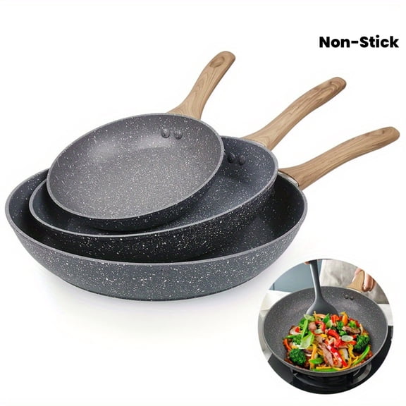 3-Piece Medical Stone Non-Stick Pan Set: 8.7/10.2/11.8-inch Frying Pan, Wok & Chef Pan | Wood Handle, Energy-Saving | Gas & Induction Compatible | Premium Gray