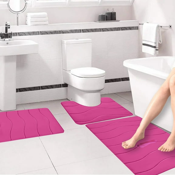 3 Piece Memory Foam Bath Mat Set Soft Absorbent Non-Slip Bathroom Rugs Contour Mat and Toilet Lid Cover Machine Washable,Pink