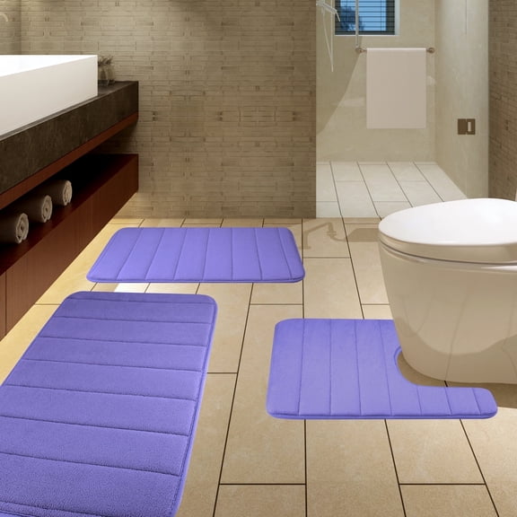 3 Piece Memory Foam Bath Mat Set with U-Shaped Toilet Mat Bathroom Rugs Soft Comfortable Water Absorption Bath Carpet Non-Slip Thick Machine Washable for Kitchen/Living Room(Blue)