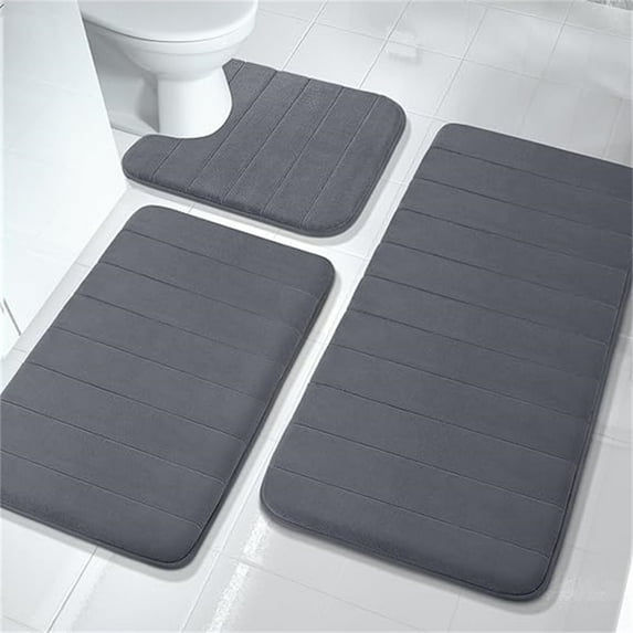 3 Piece Memory Foam Bath Mat Set with U-Shaped Toilet Mat Bathroom Rugs Soft Comfortable Water Absorption Bath Carpet Non-Slip Thick Machine Washable for Kitchen/Living Room(Deep Gray)