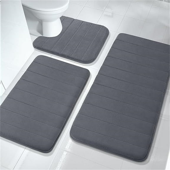 3 Piece Memory Foam Bath Mat Set with U-Shaped Toilet Mat Bathroom Rugs Soft Comfortable Water Absorption Bath Carpet Non-Slip Thick Machine Washable for Kitchen/Living Room(Deep Gray)