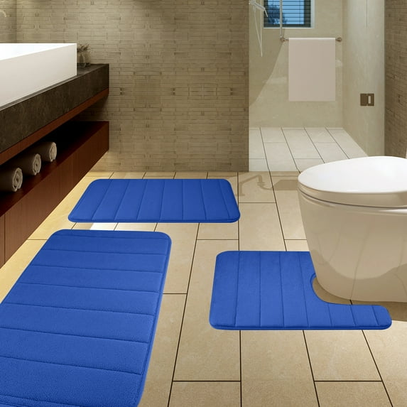 3 Piece Memory Foam Bath Mat Set with U-Shaped Toilet Mat Bathroom Rugs Soft Comfortable Water Absorption Bath Carpet Non-Slip Thick Machine Washable for Kitchen/Living Room(Navy Blue)