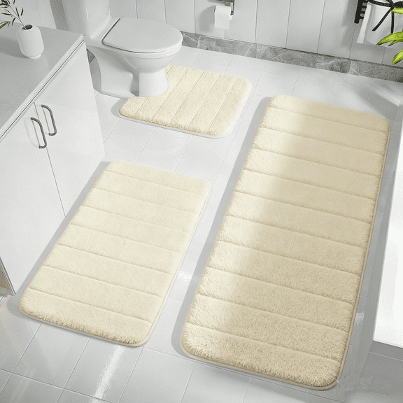3 Piece Memory Foam Bath Mat Set with U-Shaped Toilet Mat Bathroom Rugs Soft Comfortable Water Absorption Bath Carpet Non-Slip Thick Machine Washable for Kitchen/Living Room(Cream)
