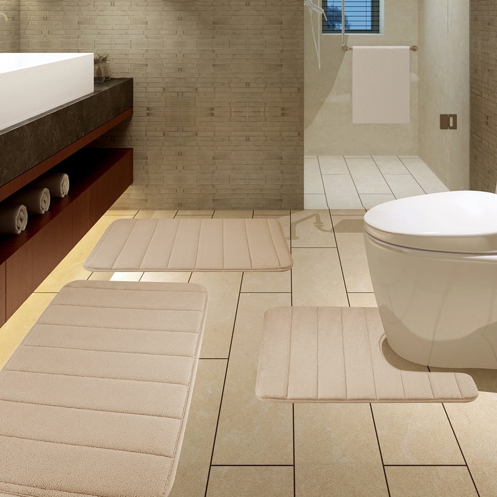 3 Piece Memory Foam Bath Mat Set with U-Shaped Toilet Mat Bathroom Rugs Soft Comfortable Water Absorption Bath Carpet Non-Slip Thick Machine Washable for Kitchen/Living Room(Beige)
