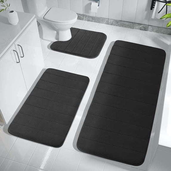 3 Piece Memory Foam Bath Mat Set with U-Shaped Toilet Mat Bathroom Rugs Soft Comfortable Water Absorption Bath Carpet Non-Slip Thick Machine Washable for Kitchen/Living Room(Black)