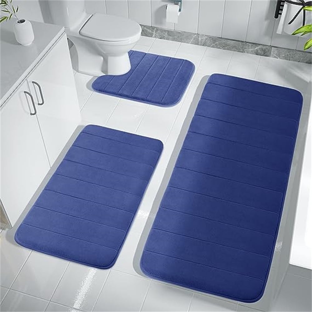 NEWEEN 3-Piece Striped Memory Foam Bath Mat Set, Microfiber, Non-Slip Floor Skid, Machine ...