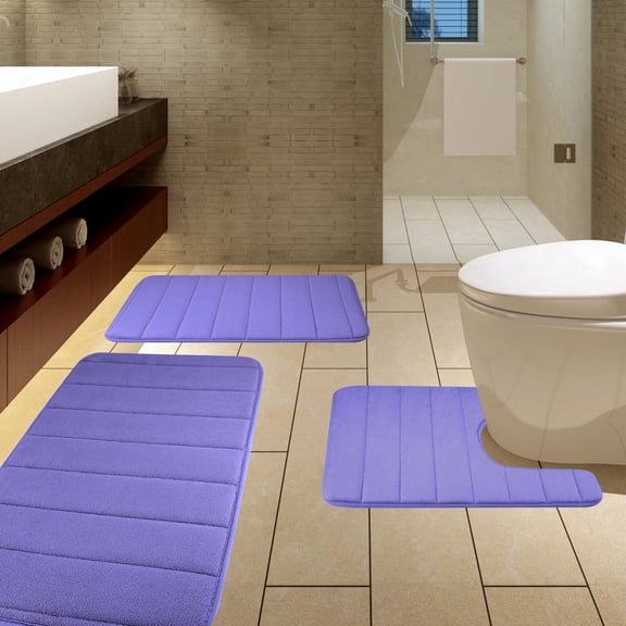 3 Piece Memory Foam Bath Mat Set with U-Shaped Toilet Mat Bathroom Rugs Soft Comfortable Water Absorption Bath Carpet Non-Slip Thick Machine Washable for Kitchen/Living Room(Blue)