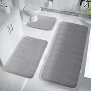 3 Piece Memory Foam Bath Mat Set with U-Shaped Toilet Mat Bathroom Rugs Soft Comfortable Water Absorption Bath Carpet Non-Slip Thick Machine Washable for Kitchen/Living RoomGray