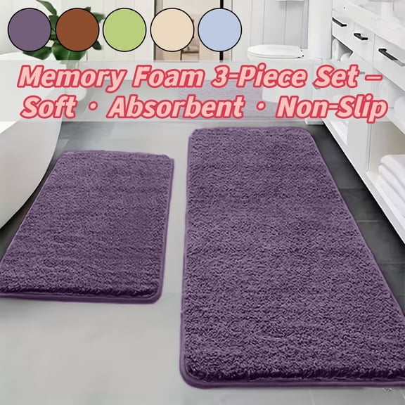 3-Piece Memory Foam Bath Rug Set, Soft Non-Slip Bathroom Mat, Absorbent Shower Rug, Plush Bath Mat for Laundry Room and Bathroom _ Purple