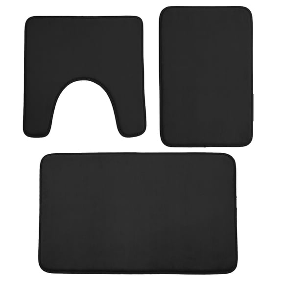 3-Piece Memory Foam Bathroom Rug Set, Flannel Soft Bath Mats with Non-Slip Backing, Ultra Absorbent Washable Bath Mat Set for Bathroom, U-Shape Toilet Rug, Black