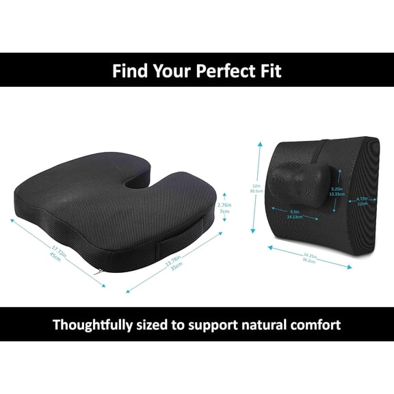 3-Piece Memory Foam Seat Cushion & Lumbar Support Pillows Set  Adjustable Back Support for Office, Car & Gaming Chairs  Tailbone & Coccyx Comfort for Long Sitting