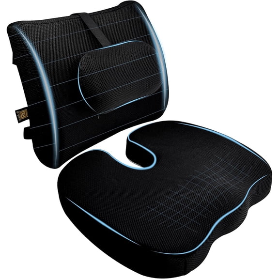 3-Piece Memory Foam Seat n & Lumbar Support Pillows Set  Adjustable Back Support for Office, Car & Gaming Chairs  Tailbone & Coccyx Comfort for Long Sitting.