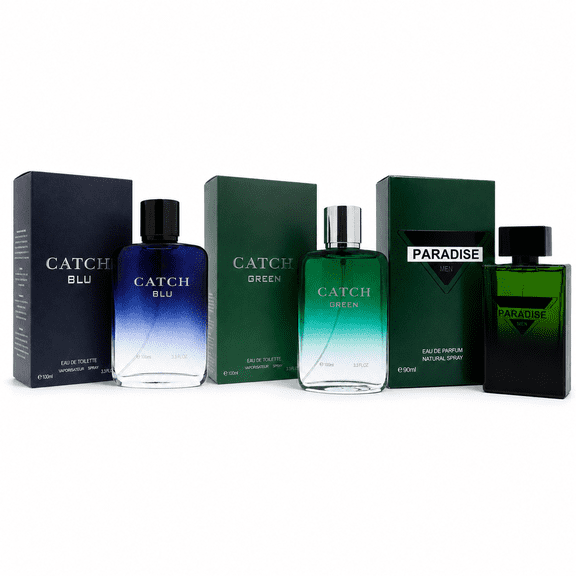 3 Piece Mens Cologne Set Catch Blu 100ml, Catch Green 100ml & Paradise Men 90ml Fresh Woody Aromatic Eau de Toilette & Eau de Parfum Fragrance Gift Set for Men
