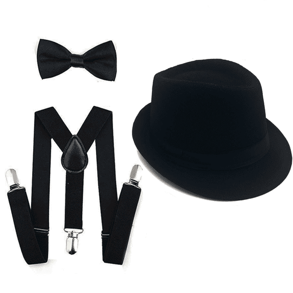 3 Piece Men's Suspender Set - Includes Y-Shaped Suspenders, Matching Bow Tie, Fedora Hat