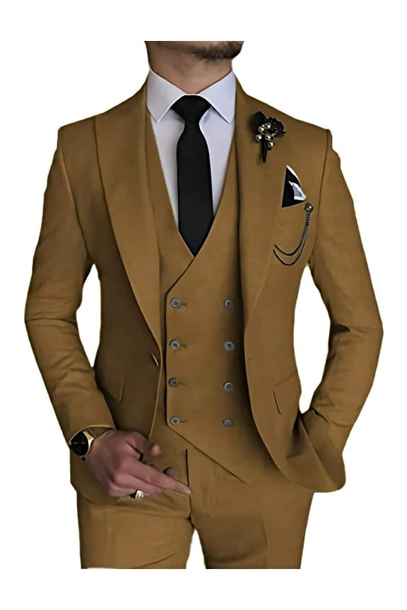 3 Piece Mens Linen Suit Slim Fit for Wedding Suit for Men Groosmen Prom Linen Jacket Pant Set Brown XXL