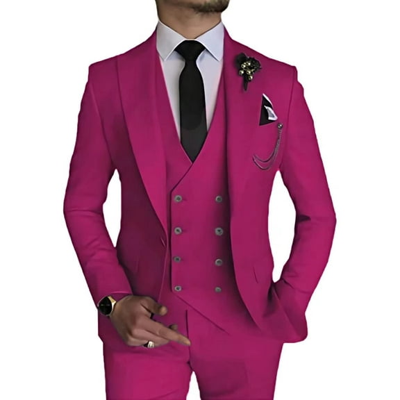 3 Piece Mens Linen Suit Slim Fit for Wedding Suit for Men Groosmen Prom Linen Jacket Pant Set Fuchsia XXL