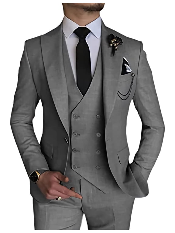 3 Piece Mens Linen Suit Slim Fit for Wedding Suit for Men Groosmen Prom Linen Jacket Pant Set Grey XXL
