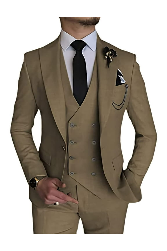 3 Piece Mens Linen Suit Slim Fit for Wedding Suit for Men Groosmen Prom Linen Jacket Pant Set Khaki XXL