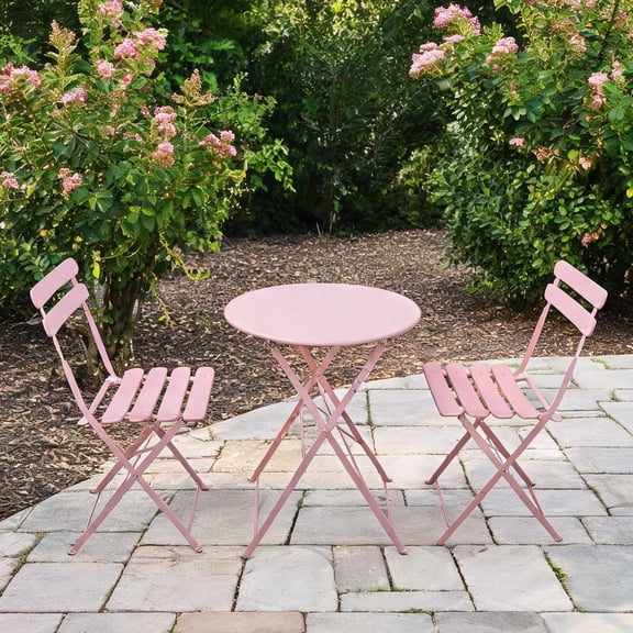 3-Piece Metal Bistro Set in Classic Pink with Folding Design for Balcony or Patio