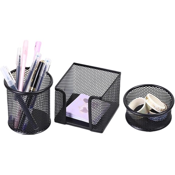 3-Piece Metal Desk Organizers Set, Mesh Pencil Holder with Sticky Note and Paper Clip holder, Stationery Storage for Home, Classroom & Workplace
