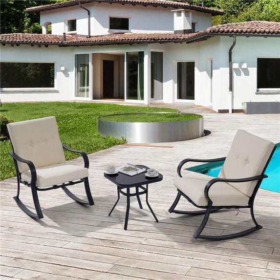 3-Piece Metal Frame Outdoor Bistro Set 2 Rocking Chairs with White Cushions and Tempered Glass Side Table