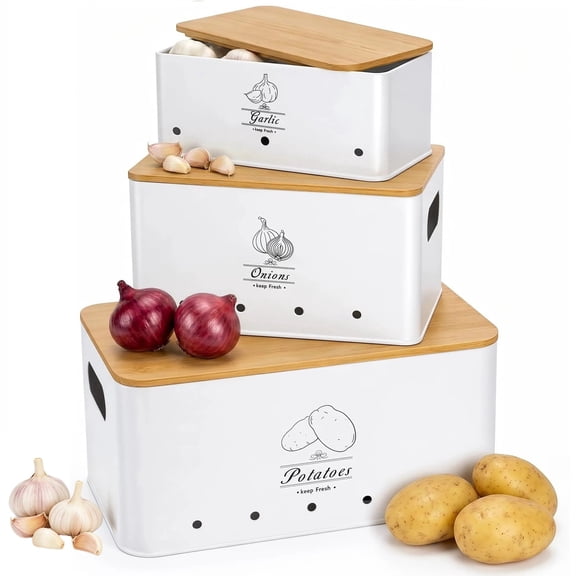 3-Piece Metal Kitchen Vegetable Storage Bin Set with Bamboo Lids, Stackable & Nestable Countertop Organizers for Potatoes, Onions, Garlic, White