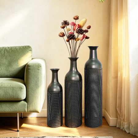 3-Piece Metal Vase Set for Floor, Tall Floor Vases Decorative for Living Room Corner, Black Large Tall Vases Perfect for Pampas Grass and Dried Flowers Home Decor
