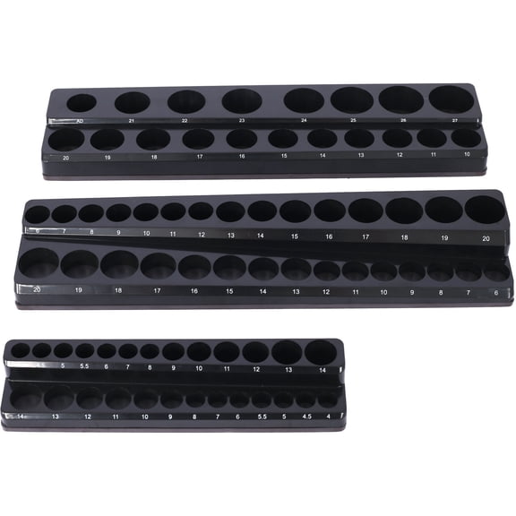 3 Piece Metric Magnetic Socket Organizer for Toolboxes - Black Plastic Socket Holder for Garage Storage, 75 Slots 1/4, 3/8, 1/2 Inch