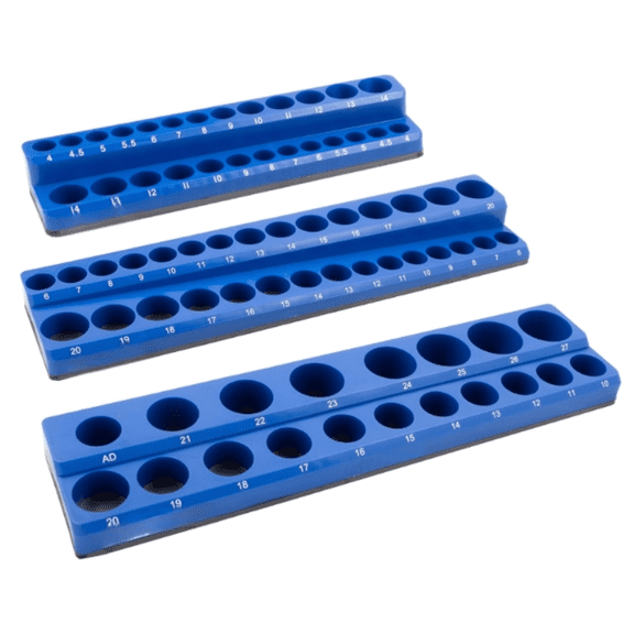 3 Piece Metric Magnetic Socket Tray Set, Magnetic Socket Organizer Holds Up to 75 Sockets in 1/4", 3/8", and 1/2" Sizes, Blue Magnetic Socket Holders