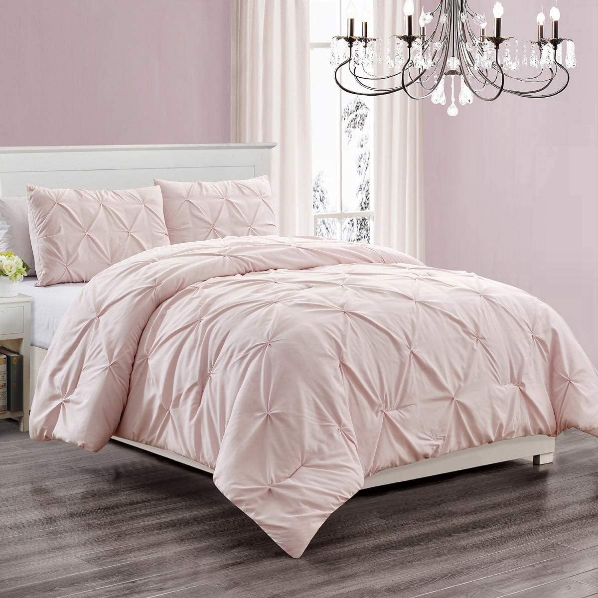 Queen Pink Microfiber Down Alternative Pintuck Bed Set