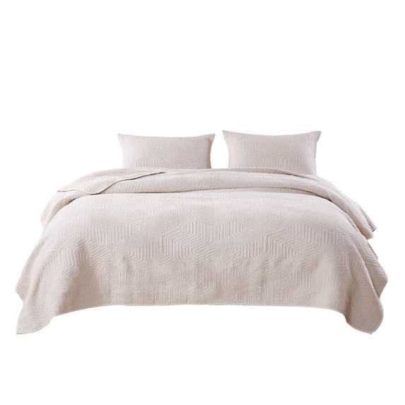 3 Piece Microfiber Full Size Quilt Set with Geometric Print, Cream - Saltoro Sherpi