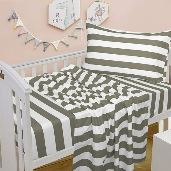 3-Piece Microfiber Toddler Sheet Set, Grey and White Stripe Crib Fitted Sheet Flat Sheet and Envelope Pillowcase, Baby Bedding Sheet & Pillowcase Sets