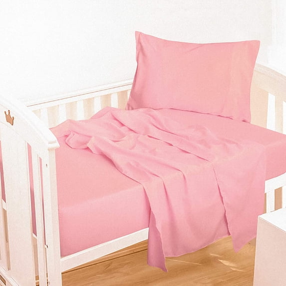 3-Piece Microfiber Toddler Sheet Set, Solid Crib Fitted Sheet Flat Sheet and Envelope Pillowcase, Baby Bedding Sheet & Pillowcase Sets, Pink