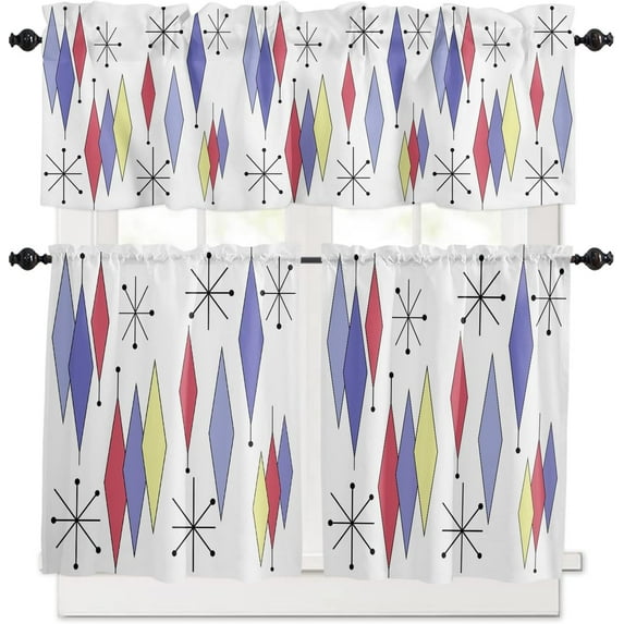 3 Piece Mid Century Modern Kitchen Curtains, Tier and Valance Rod Pocket Window Curtains Set Purple Yellow Red Diamond Cafe Curtains for Kitchen Valances Window Treatment 54X18in+27x24in×2